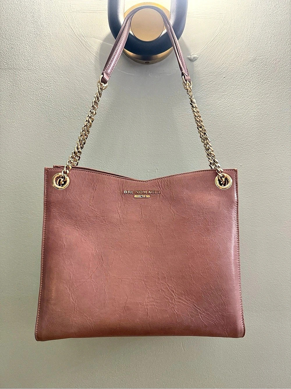 Bruno Magli Italian Leather Chain Tote Shopper Mauve Pink Gold Hardware